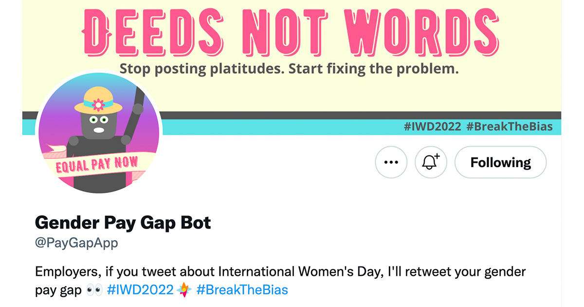 The @PayGapApp Twitter profile with its DEEDS NOT WORDS banner and pinned tweet about International Women's Day
