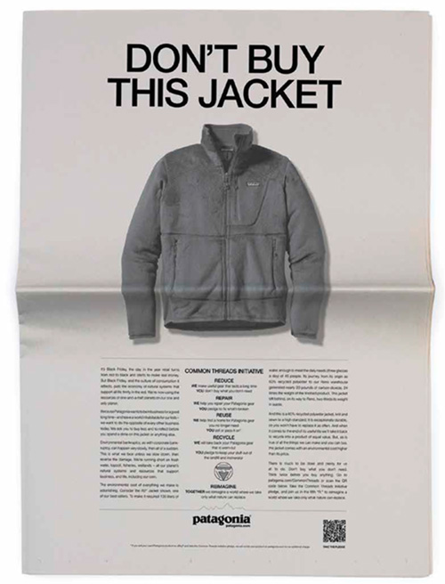 Patagonia's Don't Buy This Jacket newspaper ad showing an R2 fleece under the bold headline