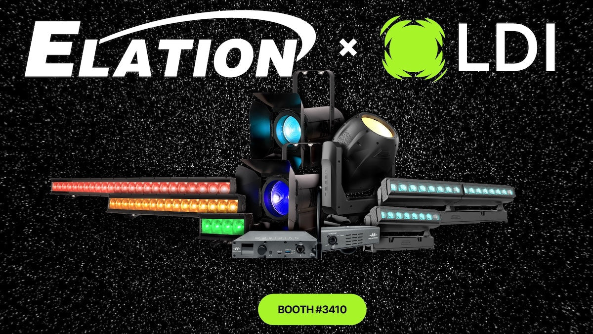 Elation Lighting's LDI launch graphic showing its new stage-lighting fixtures on a starfield with the booth number