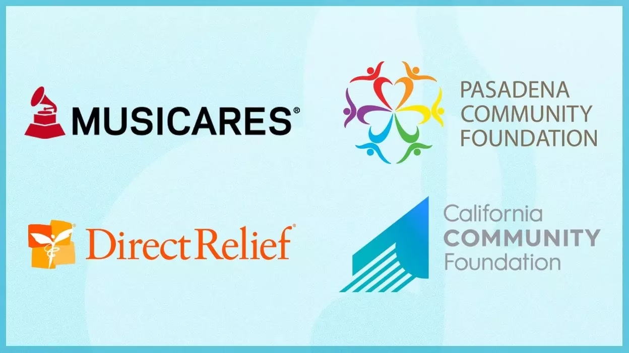 The Recording Academy's 2025 Grammys wildfire relief fundraiser graphic naming its beneficiary partners