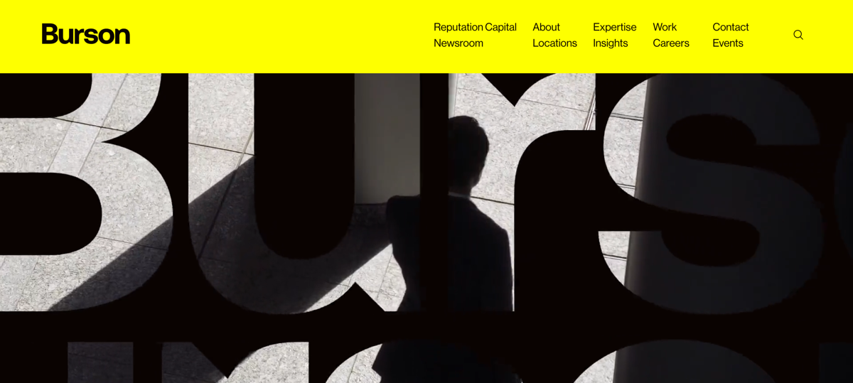 The Burson homepage with its bold yellow branding