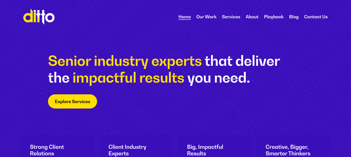 The Ditto PR homepage, on senior industry experts delivering impactful results