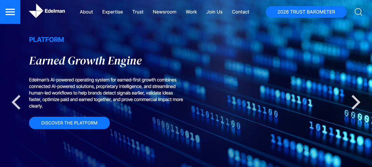 The Edelman homepage, showing its Earned Growth Engine platform and 2026 Trust Barometer