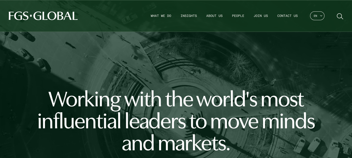 The FGS Global homepage, on working with the world's most influential leaders