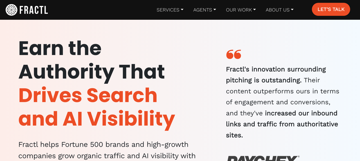 The Fractl homepage, on earning authority that drives search and AI visibility
