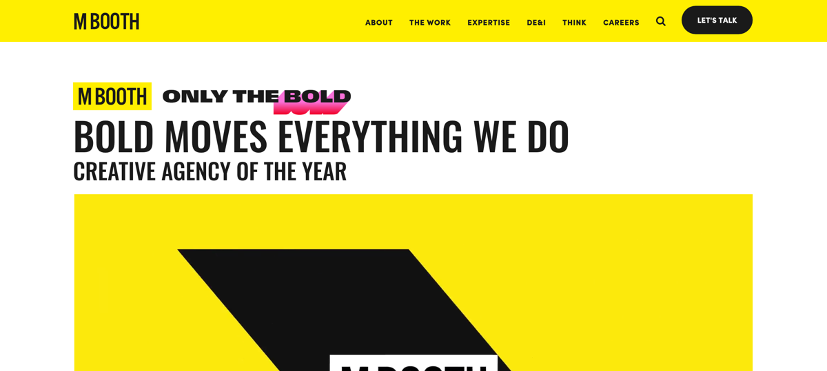 The M Booth homepage, headed Bold Moves Everything We Do, Creative Agency of the Year
