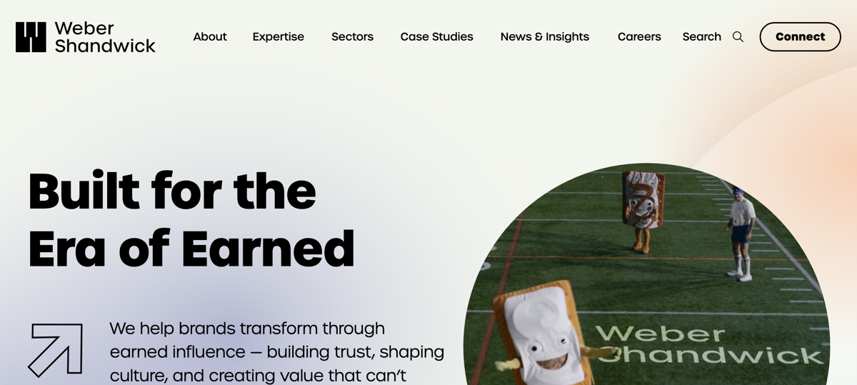 The Weber Shandwick homepage, headed Built for the Era of Earned