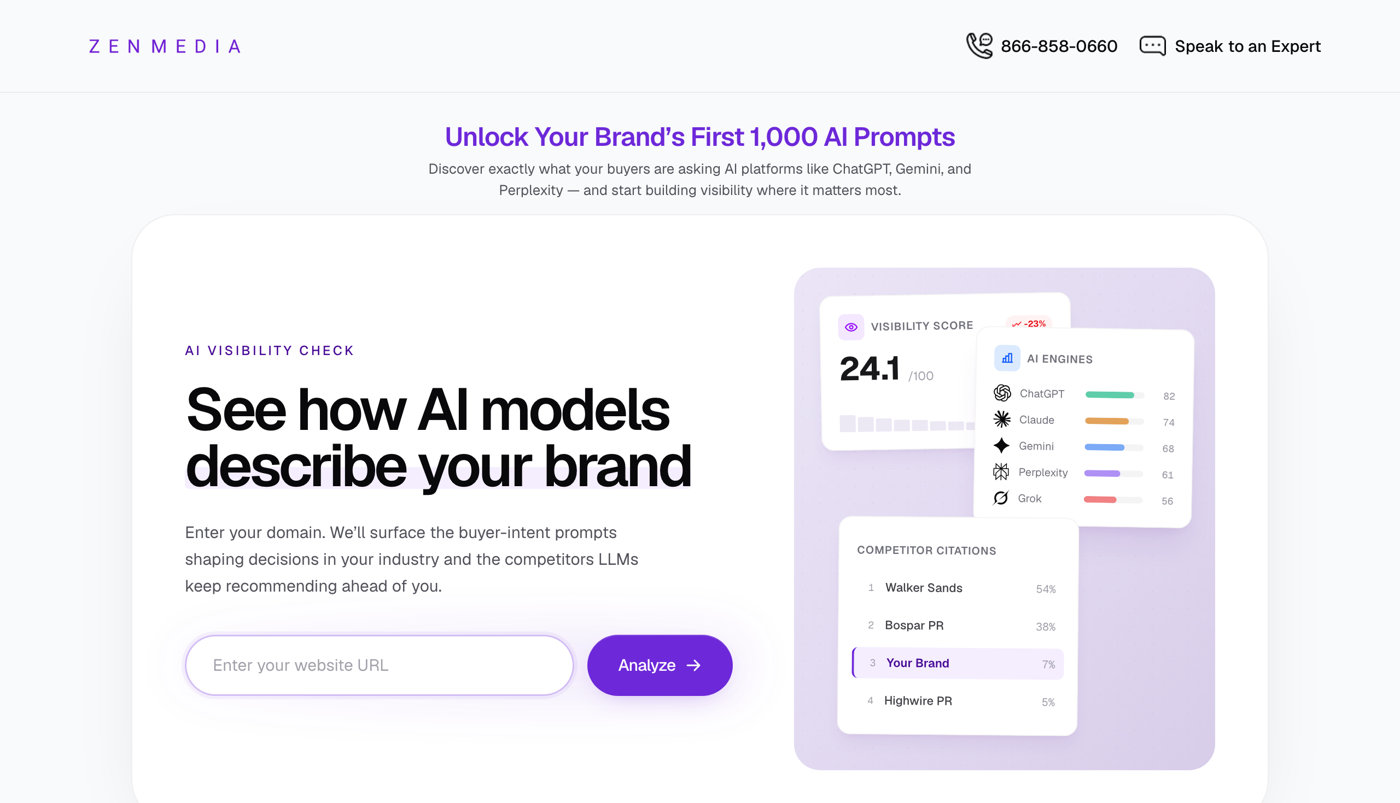 Zen Media's AI-visibility check tool, See how AI models describe your brand, showing a visibility score, per-engine breakdown across ChatGPT, Claude, Gemini, and Perplexity, and competitor citation share