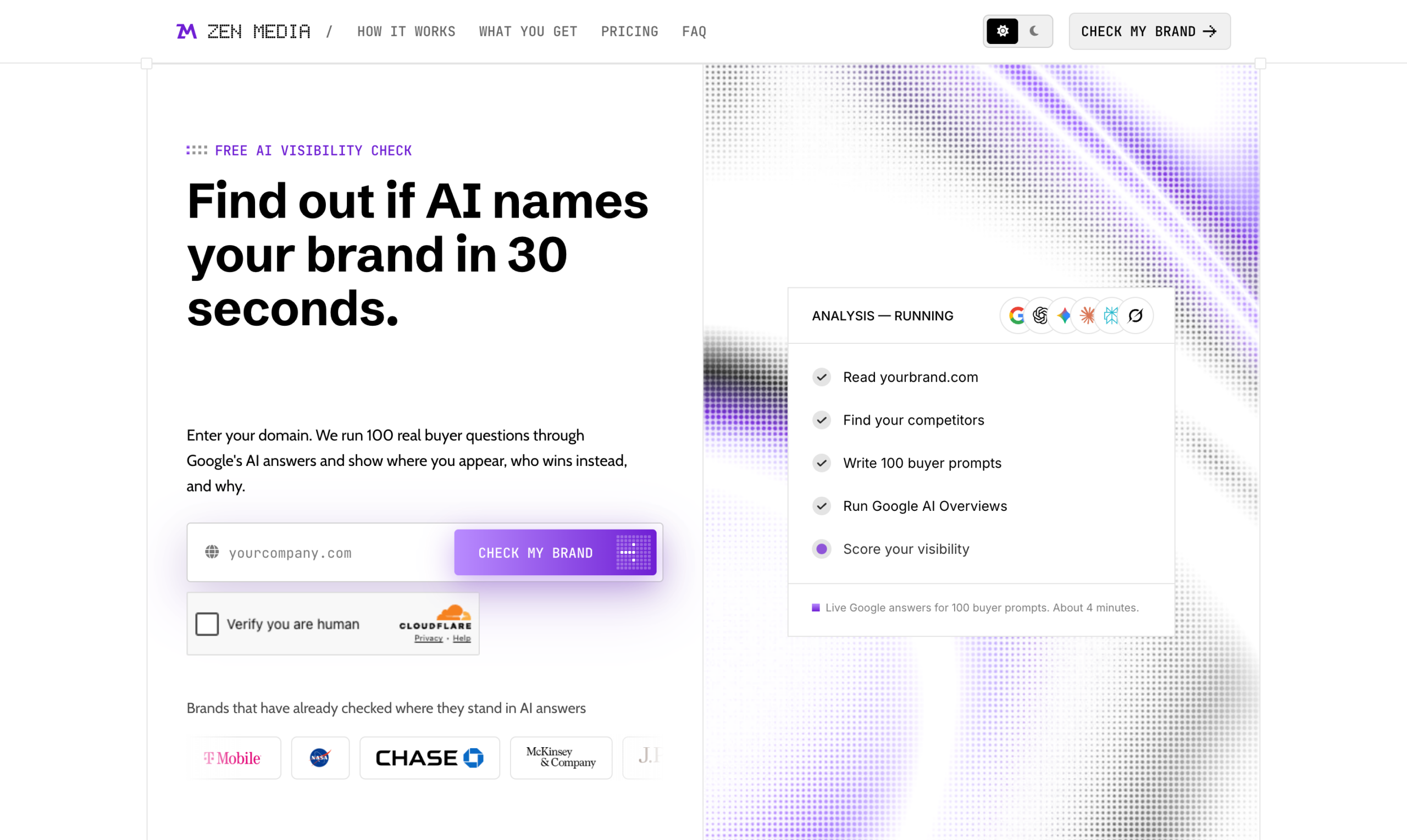 Zen Media's free AI Visibility Check at prompts.zenmedia.com: enter a domain and it writes 100 real buyer prompts and runs them live through Google's AI answers to show where you appear and who wins instead, with Chase, NASA, and McKinsey among brands already checked.