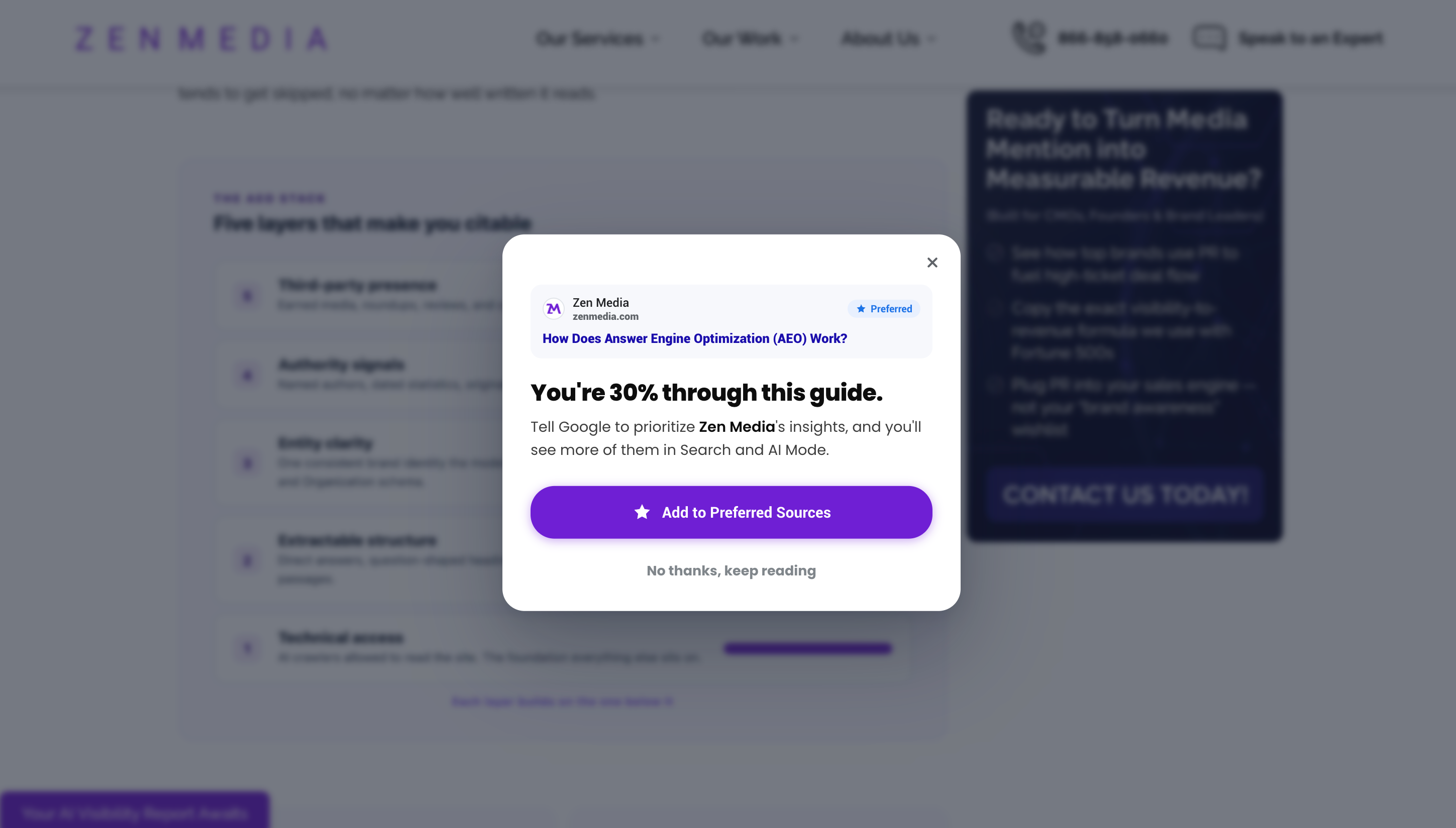 Zen Media AEO guide with Google's Preferred Sources popup open, showing the Zen Media source card, a preferred badge, and an Add to Preferred Sources button