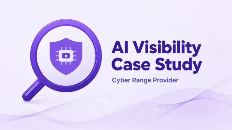 AI Visibility Case Study cover for a cyber range provider, with a shield and a chip inside a magnifying glass.