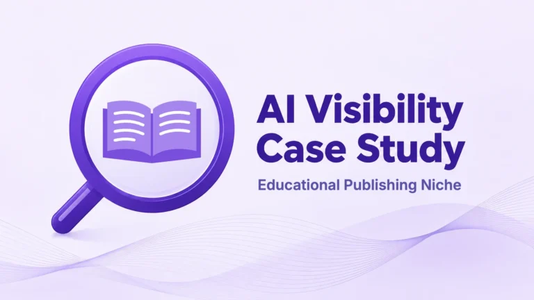 AI Visibility Case Study cover for the educational publishing niche, with an open book inside a magnifying glass.