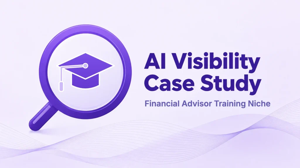 AI visibility case study for financial advisor training, featuring a graduation cap inside a purple magnifying glass.