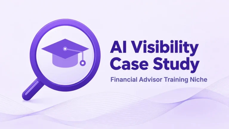 AI visibility case study for financial advisor training, featuring a graduation cap inside a purple magnifying glass.