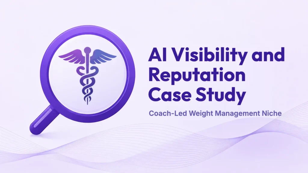 AI Visibility and Reputation Case Study cover for the coach-led weight management niche, with a medical caduceus inside a magnifying glass