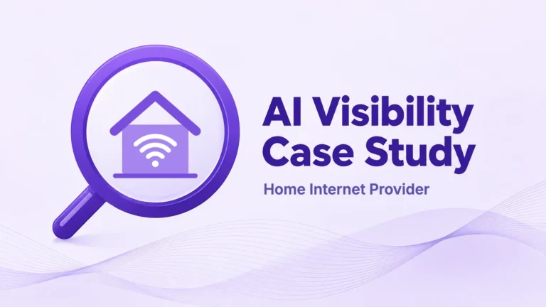 AI Visibility Case Study cover for a home internet provider, with a house and a WiFi signal inside a magnifying glass.