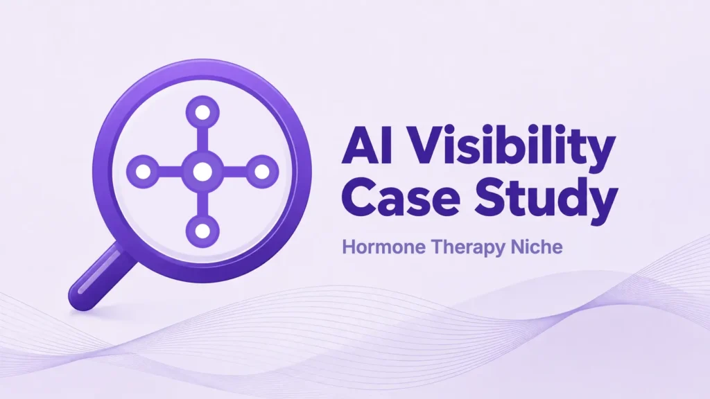 Cover image for the hormone therapy clinic AI visibility case study: a magnifying glass with a medical cross icon and the text AI Visibility Case Study, Hormone Therapy Niche.