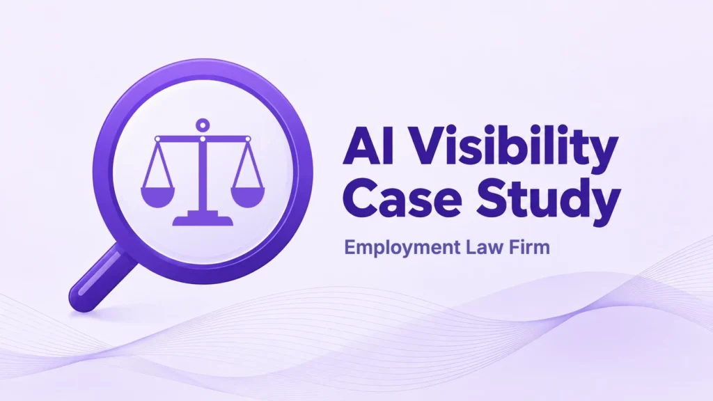Law firm AI visibility optimization case study cover, with scales of justice inside a magnifying glass.