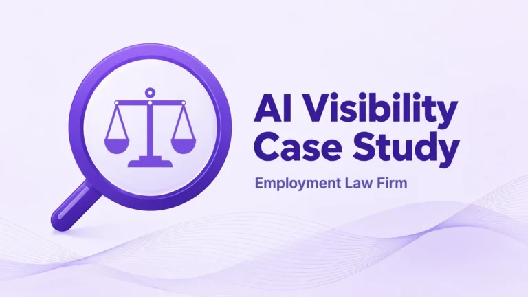 Law firm AI visibility optimization case study cover, with scales of justice inside a magnifying glass.