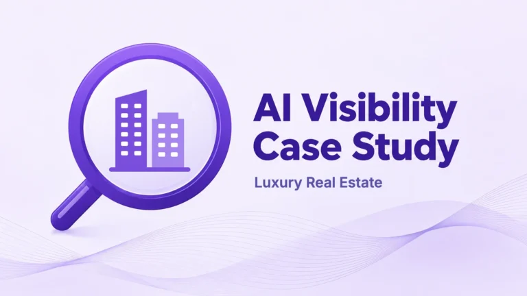AI Visibility Case Study cover for luxury real estate, with two residential towers inside a magnifying glass.