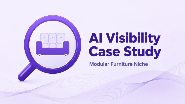 AI Visibility Case Study cover for the modular furniture niche, with a modular sofa icon inside a magnifying glass