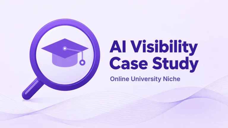 AI Visibility Case Study cover for the online university niche, with a graduation cap inside a magnifying glass.