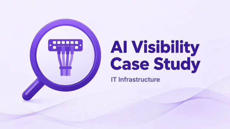 AI Visibility Case Study cover for IT infrastructure, with a magnifying glass over a patch panel and cables.