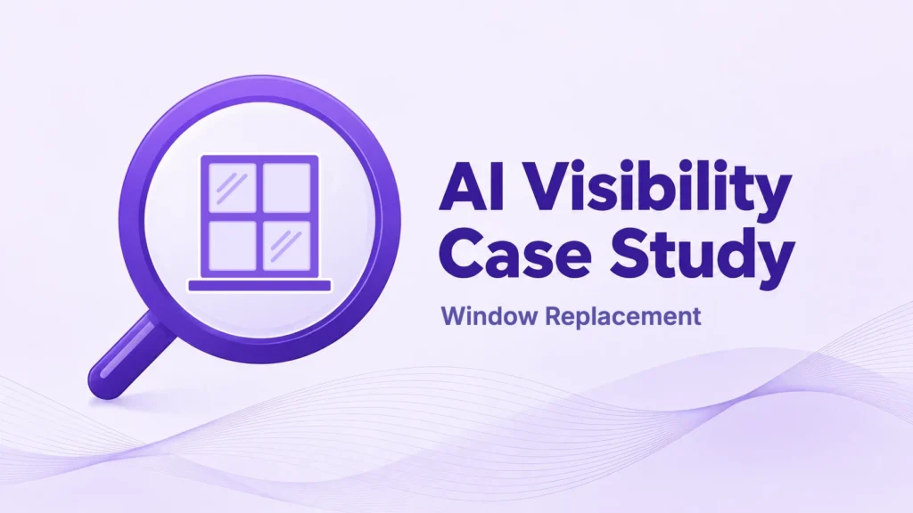AI Visibility Case Study cover for a window replacement company, with a double-hung window inside a magnifying glass.